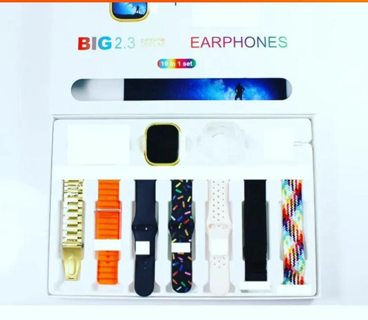 I20 Ultra Max Suit Smartwatch 10-in-1 Box – 2.3-Inch Large Display with 7 Mixed Color Straps and AirPods 2 – Complete Smart Combo Set for Men and Women